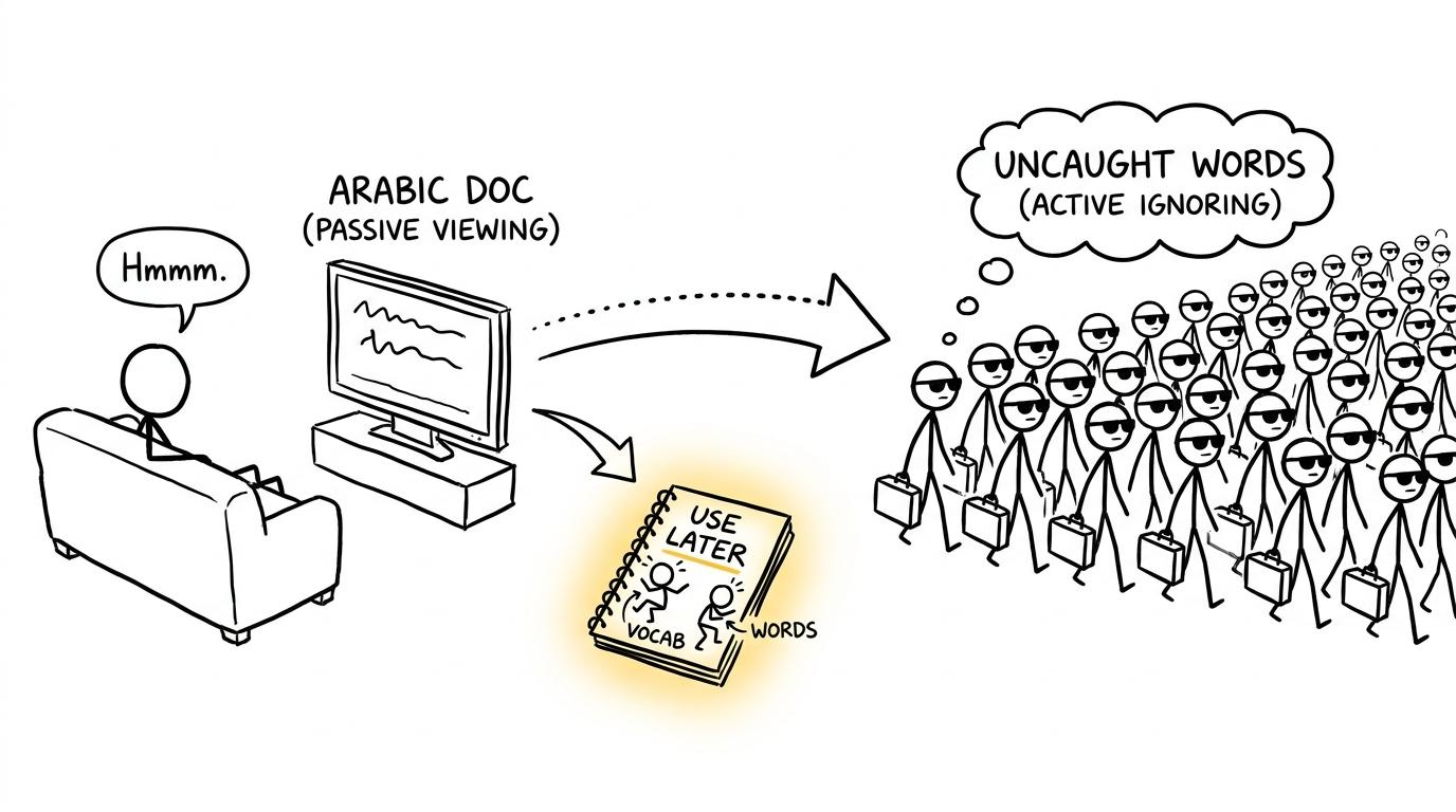 Vocabulary escaping from passive viewing while useful words enter a notebook