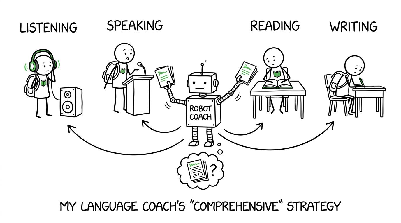 A robot attempts to coach only one of four language skills