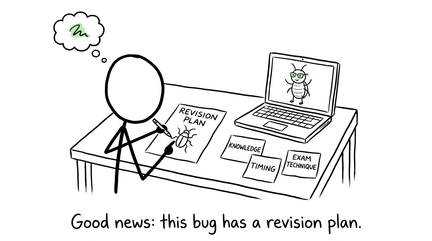 A student calmly debugs a revision plan with knowledge, timing and exam-technique labels