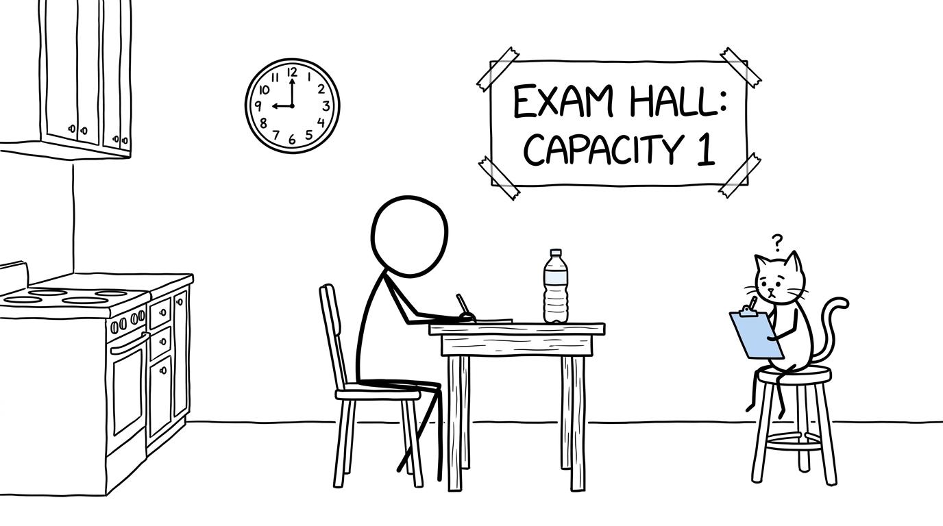 A student has turned a kitchen table into a one-person exam hall while a cat invigilates