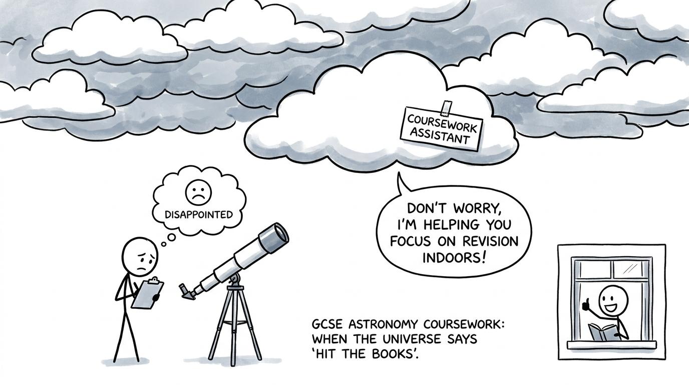 A GCSE student attempts an astronomical observation beneath an unhelpful cloud