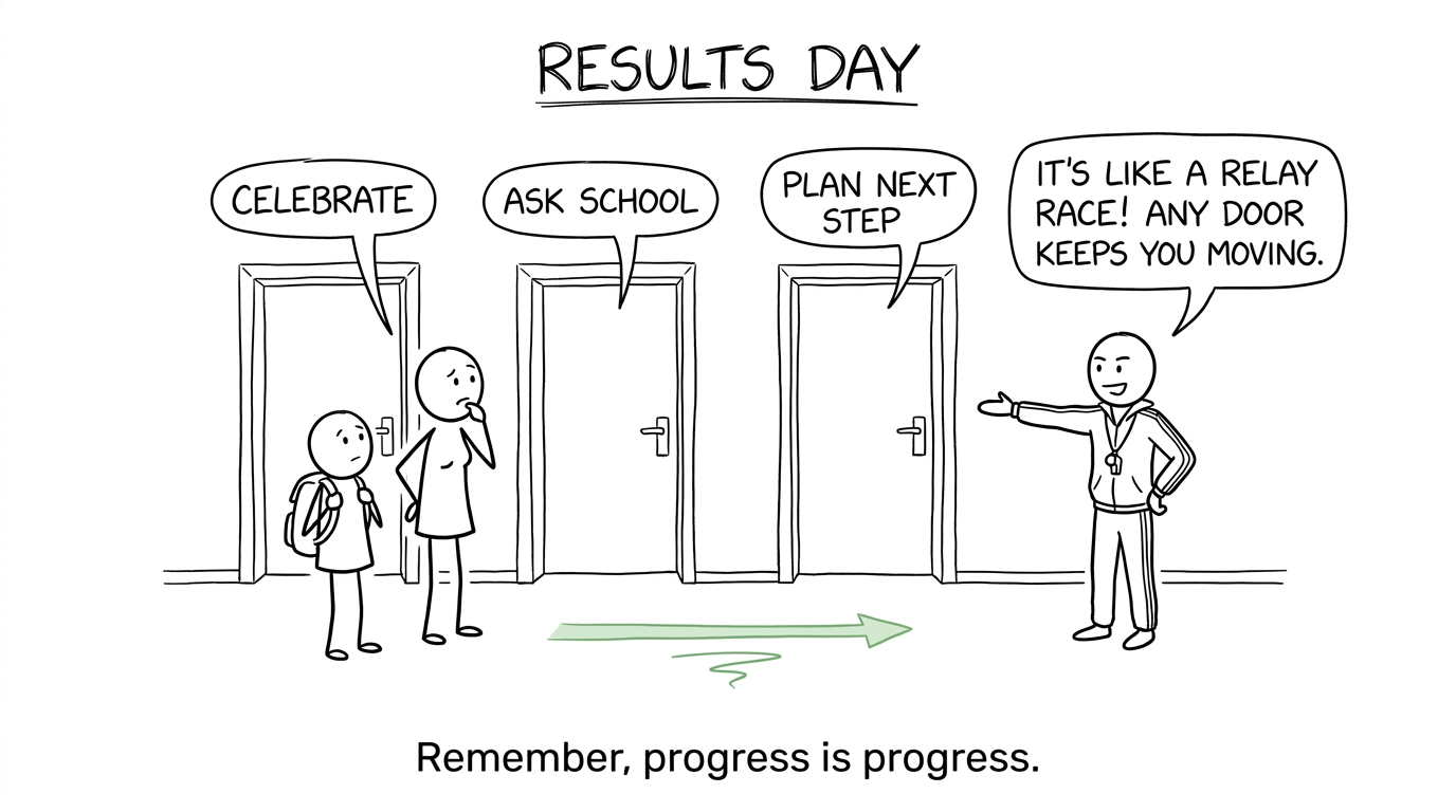 A student and parent choose between three reassuring results-day doors while a teacher explains that each leads forward