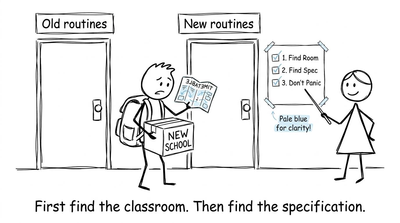 A student finding the specification after changing schools