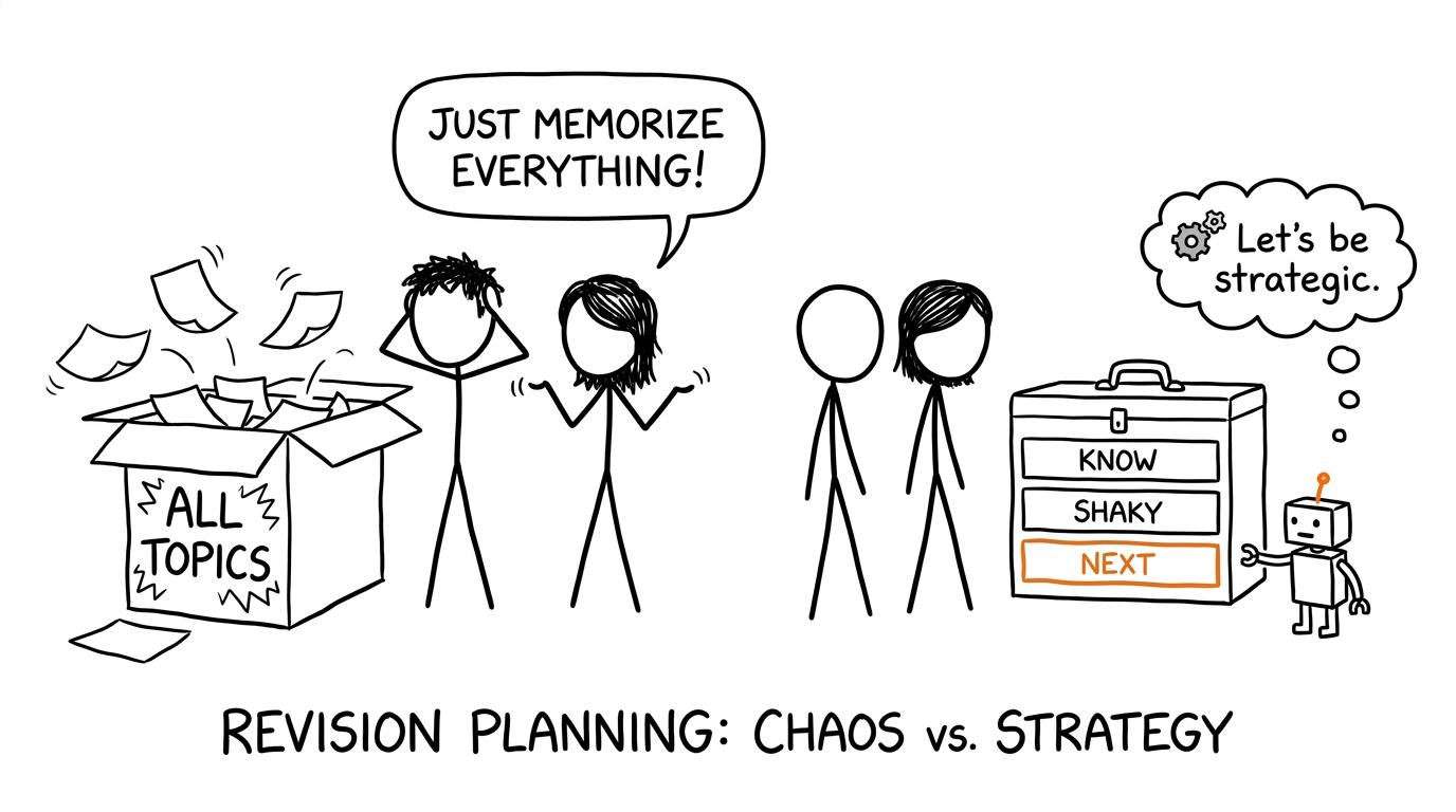 A chaotic revision toolbox beside a calm three-drawer priority system
