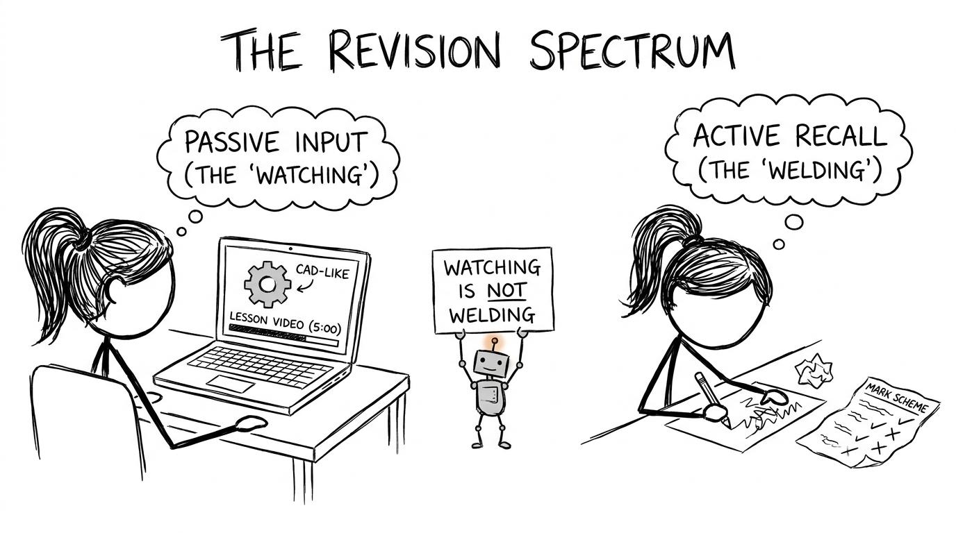 A hybrid revision workshop with a laptop, paper and a robot questioning passive watching