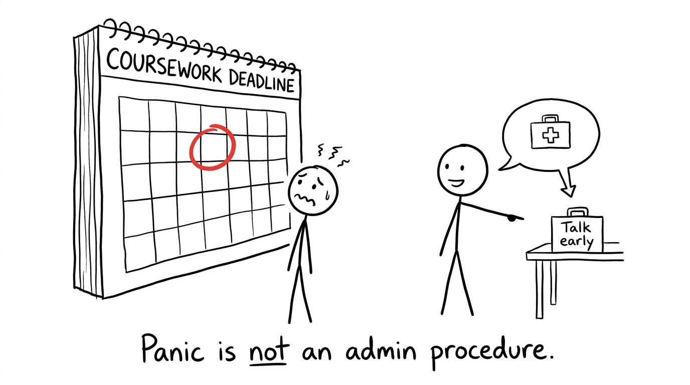 A worried student faces a coursework deadline while a teacher recommends talking early