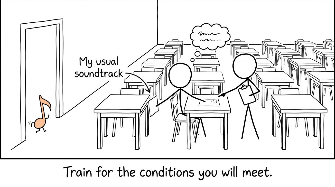 A student realises that the usual revision soundtrack will not be sitting beside them in the exam