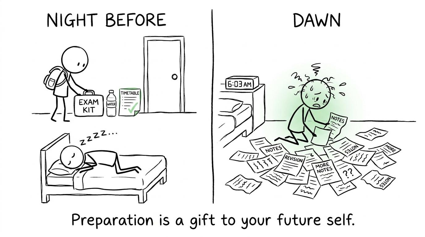 One student sleeps after preparing their kit while another searches through revision notes at dawn