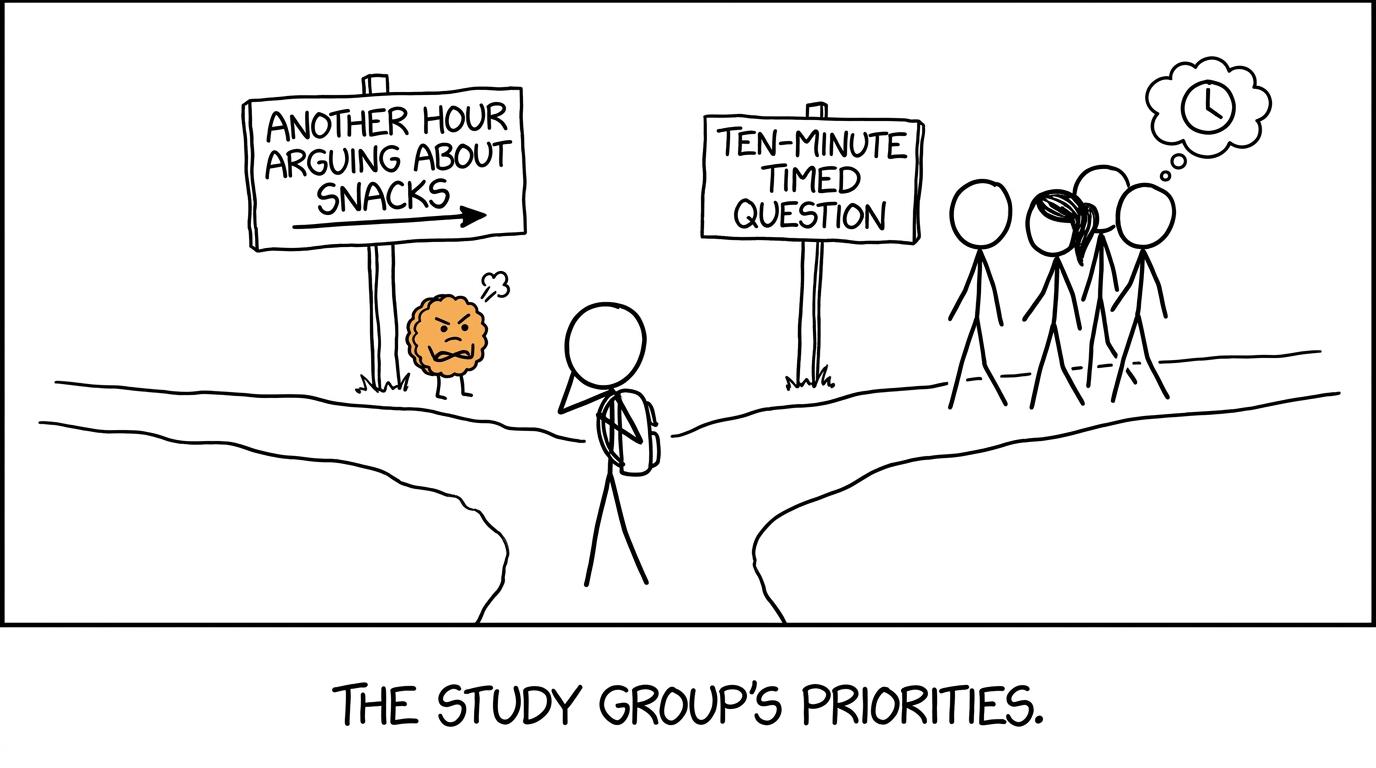 A study group chooses a timed question over another long discussion about snacks