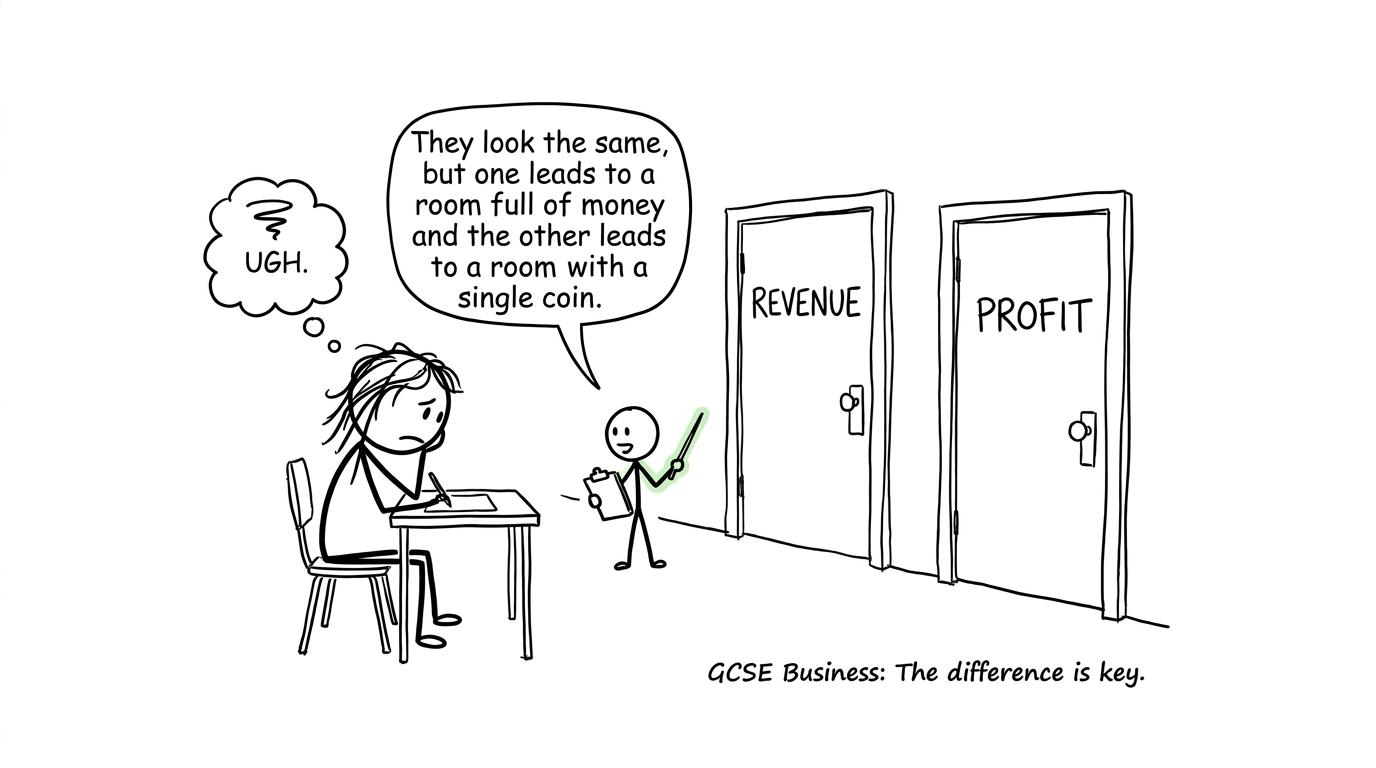 A student choosing between doors labelled revenue and profit