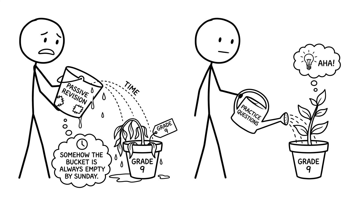 Passive revision leaks time; practice grows marks