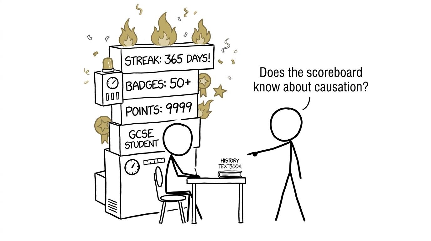 A student builds an impressive revision scoreboard while the History textbook remains unopened
