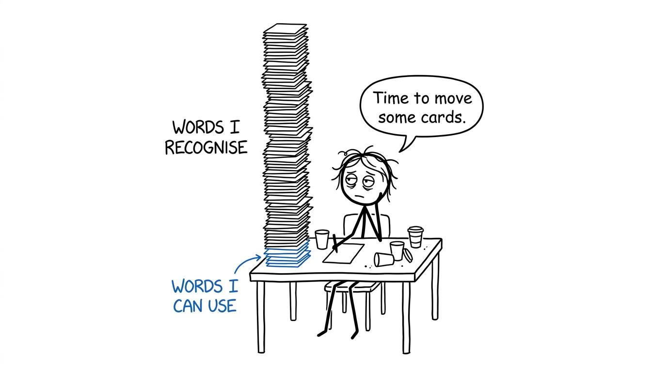 A student reorganising a tower of recognised French vocabulary into words they can actively use