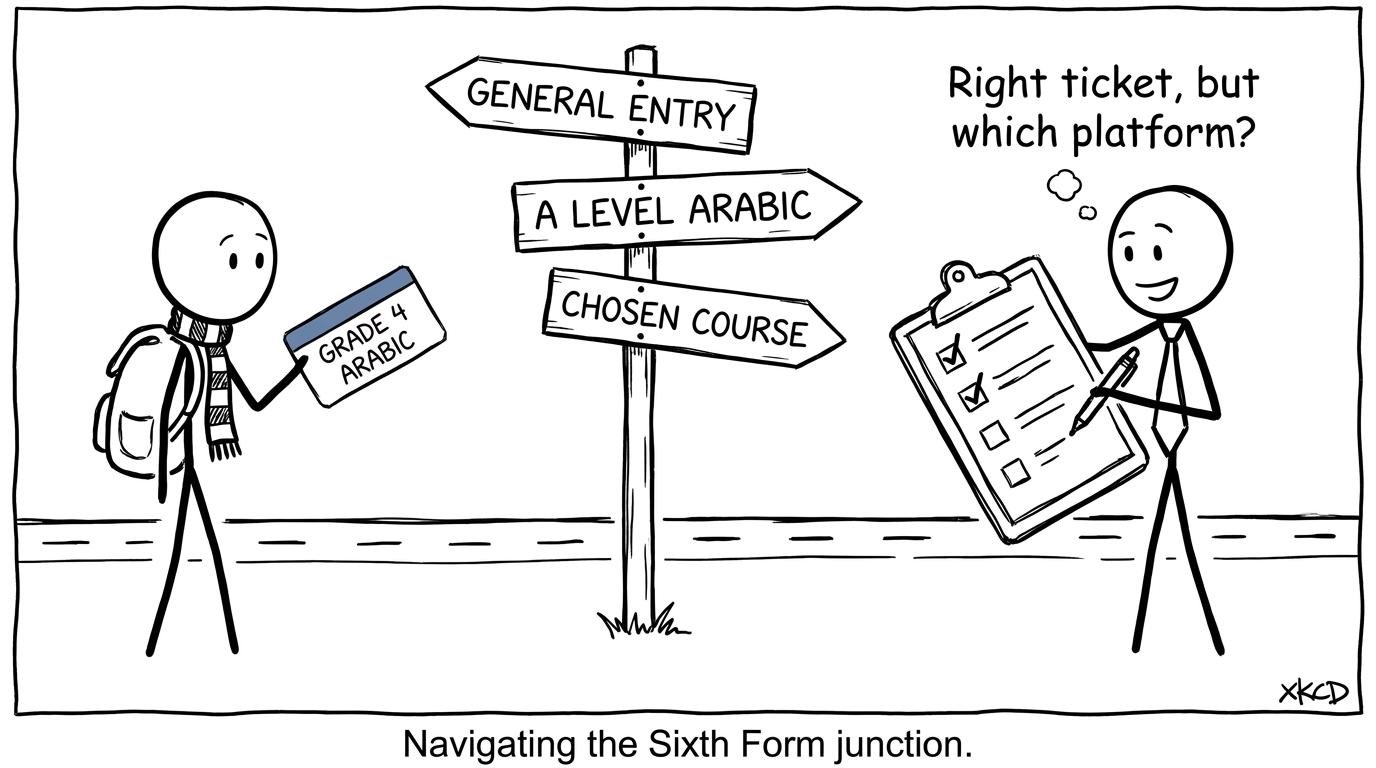 A student uses a Grade 4 Arabic ticket while an admissions officer checks which sixth-form platform it reaches