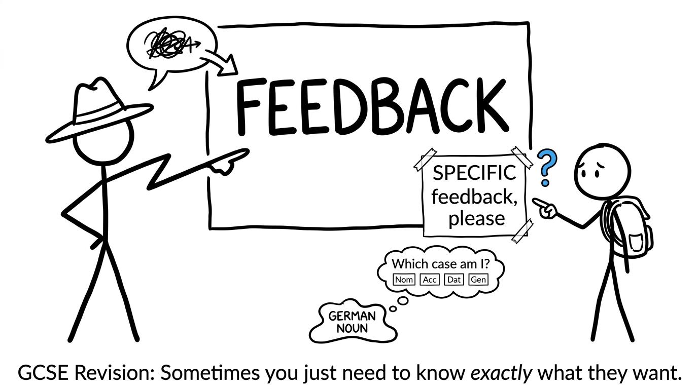 A student requesting specific feedback from an enthusiastic instructor