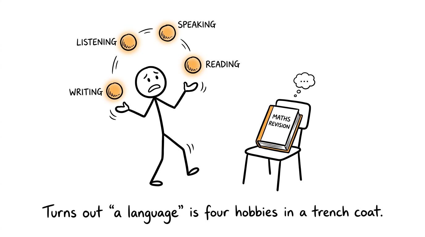 Four language skills turn out to be four hobbies in a trench coat