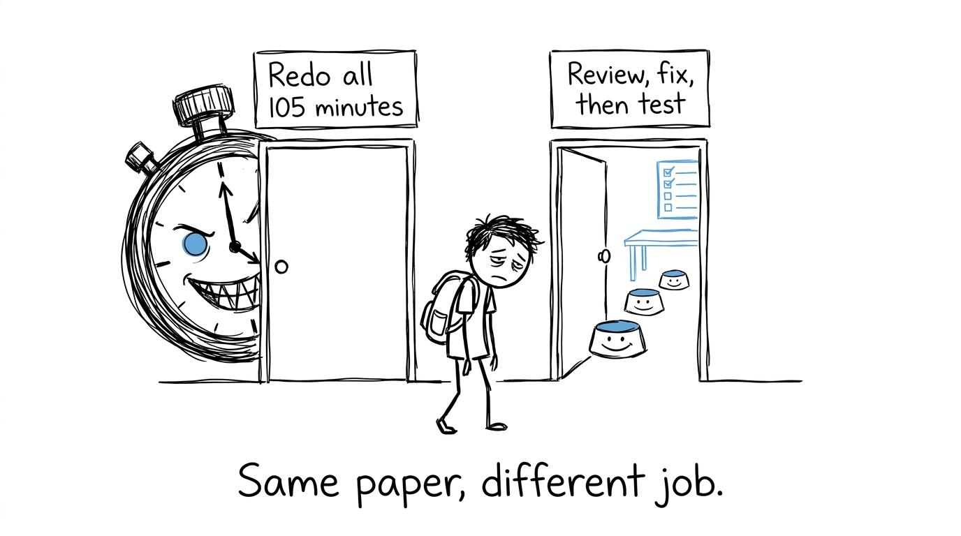 A student choosing between repeating a whole mock and reviewing before retesting