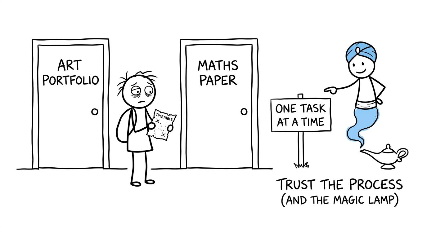 A student choosing calmly between art and maths revision tasks