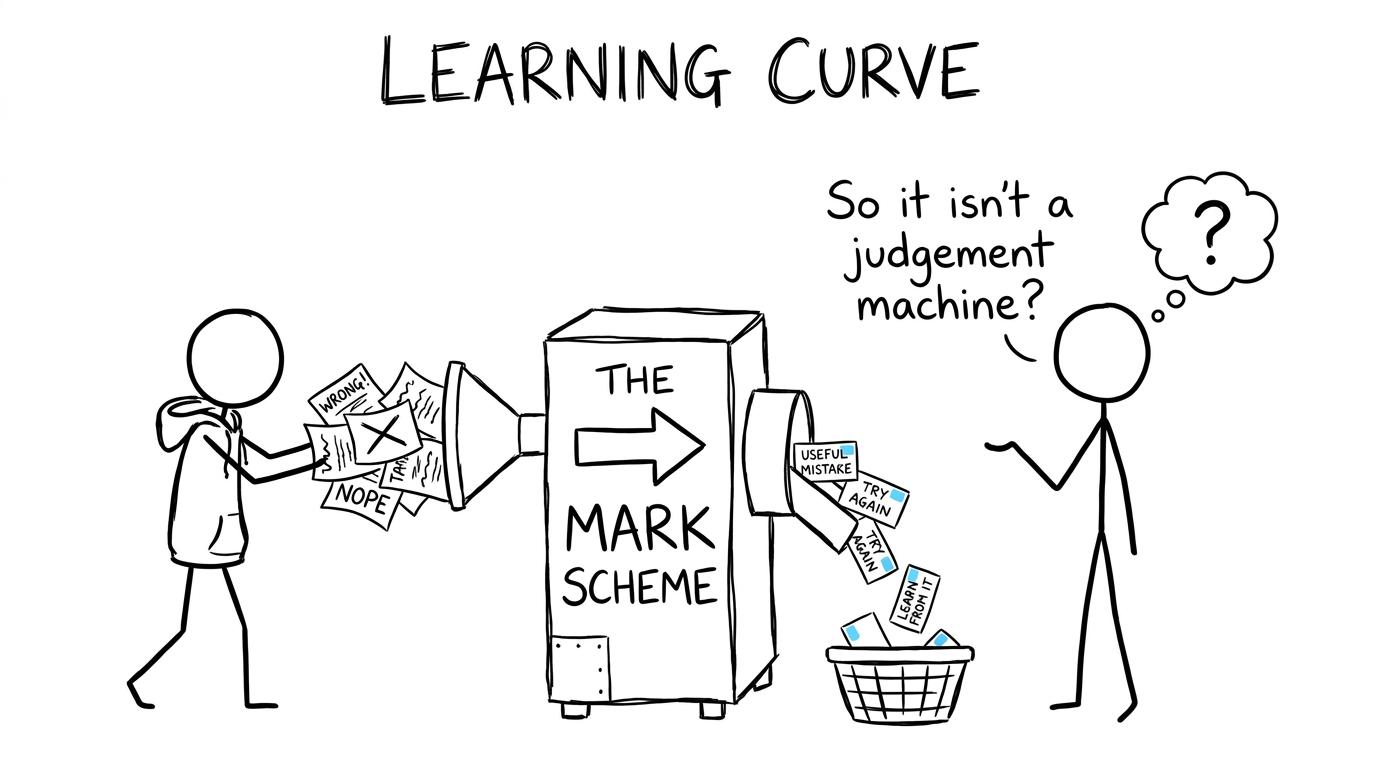 A mark scheme machine turns messy answers into useful mistake cards