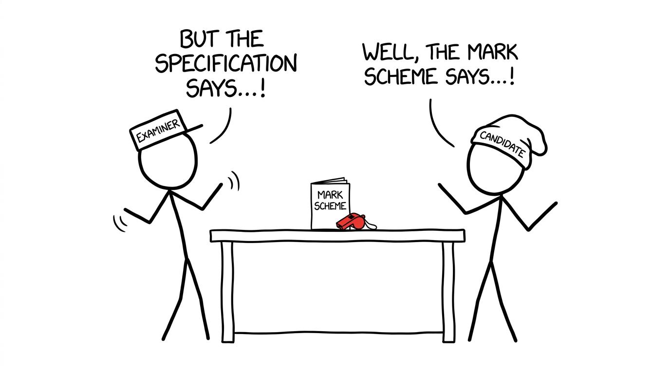 The candidate and examiner versions of one student negotiate with a tiny mark-scheme referee