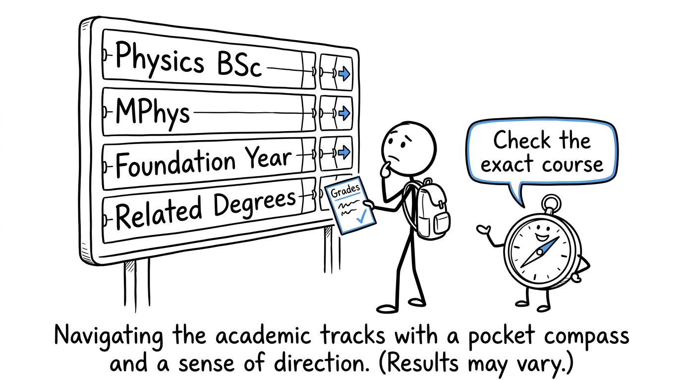 A student choosing between Physics degree routes at a university destination board