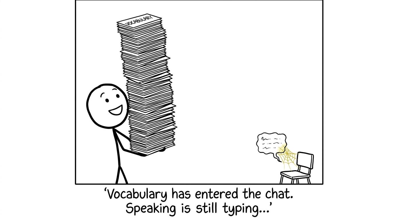 A huge vocabulary deck celebrates while speaking practice waits forgotten