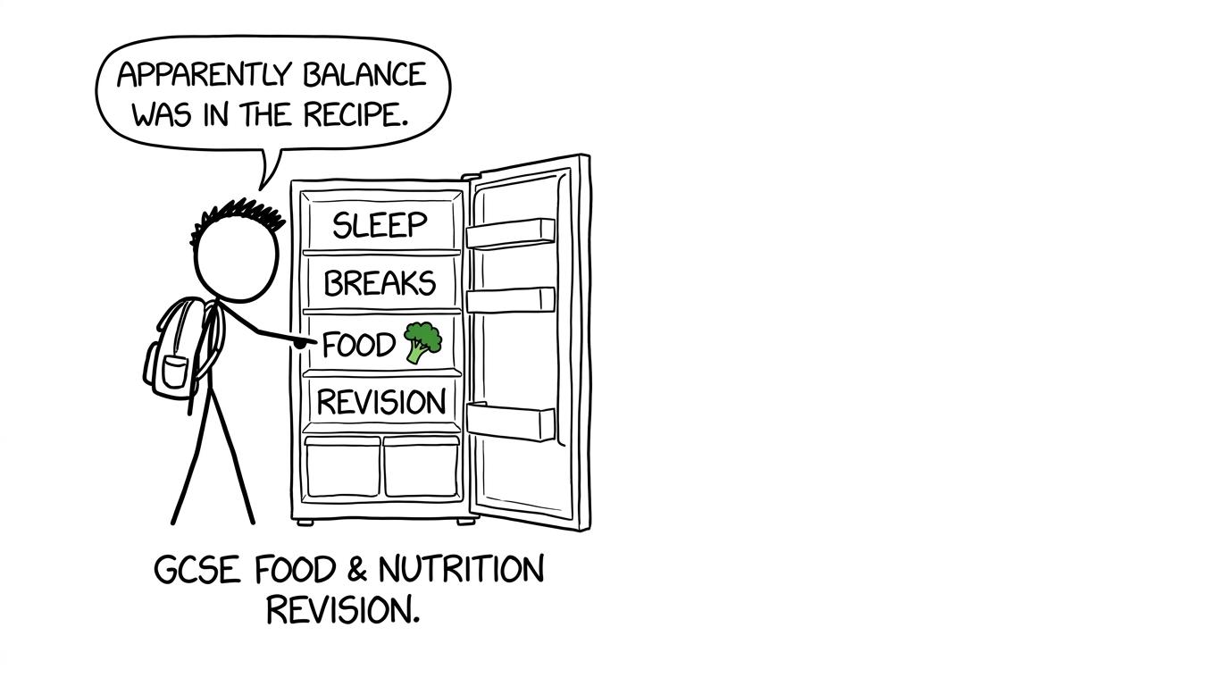 A balanced revision fridge contains shelves for sleep, breaks, food and revision