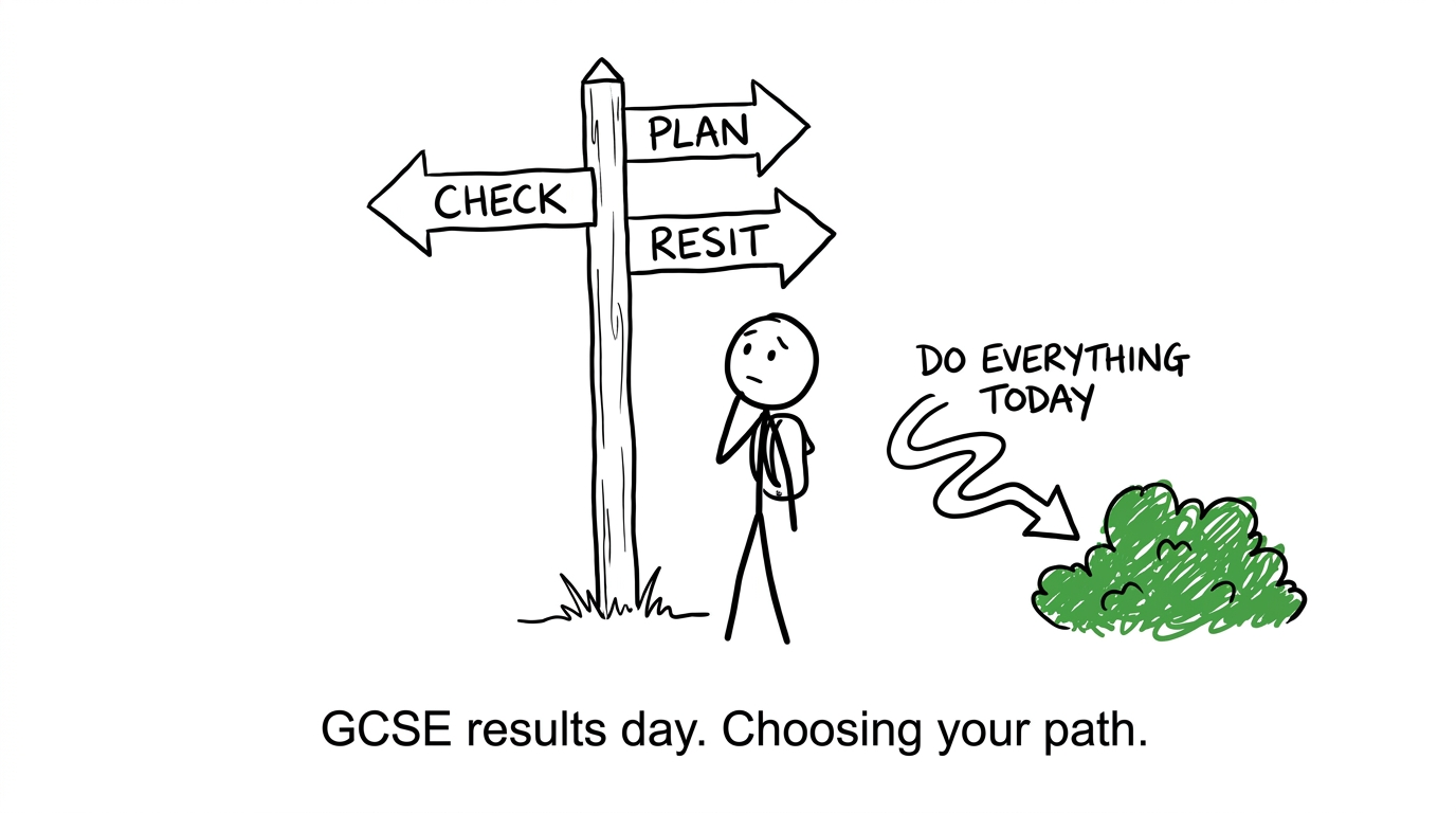 A student chooses between check, plan and resit while the panic route points into a hedge