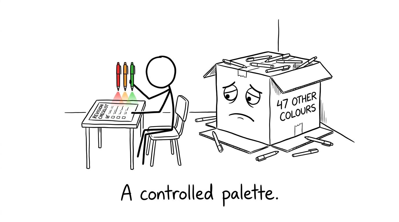 A three-colour revision system while a box of forty-seven other colours sulks