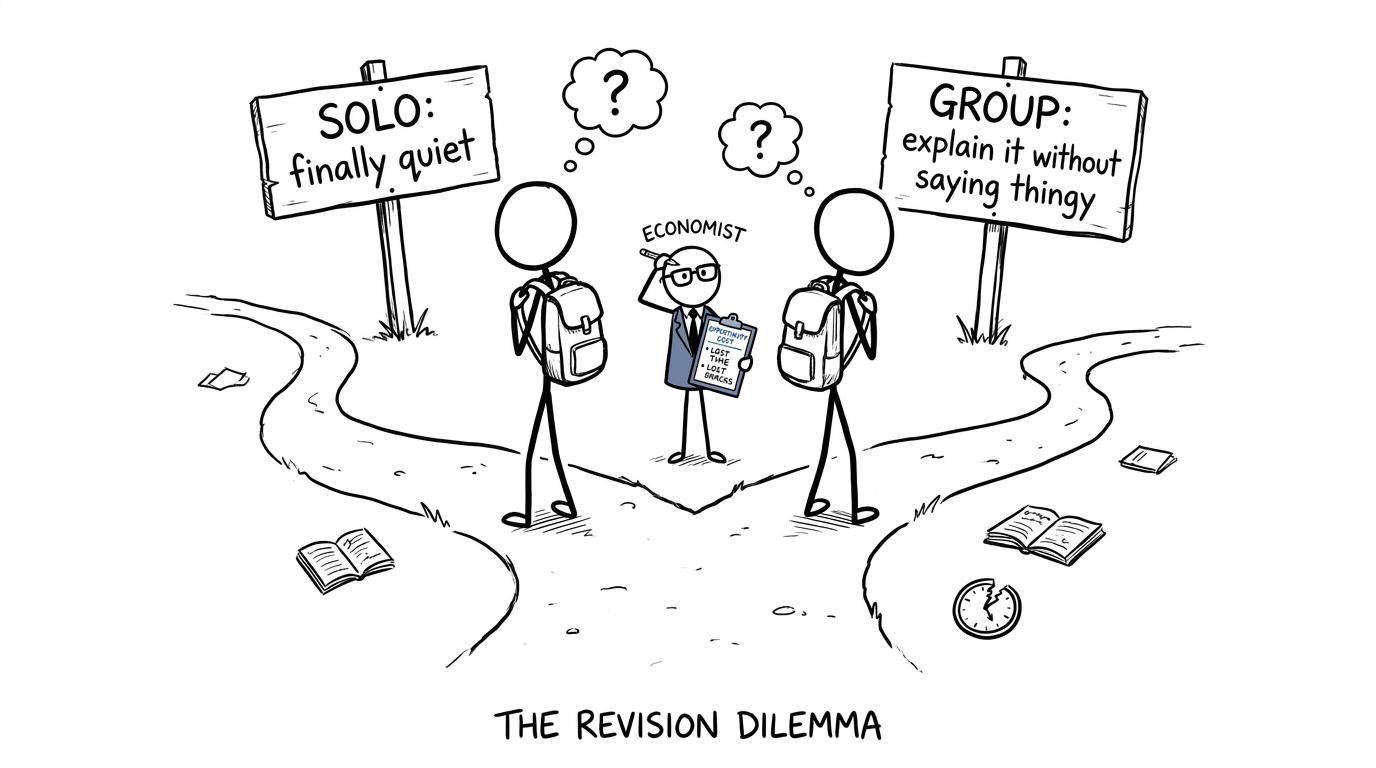 Students choosing between solo and group revision while an economist considers the opportunity cost