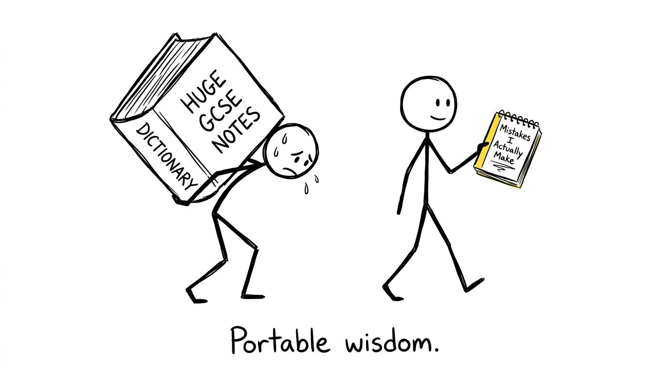 One student carrying a huge dictionary while another confidently carries a small mistake notebook