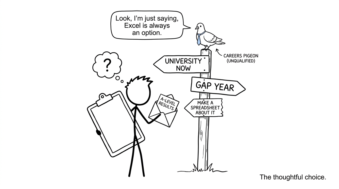 A student choosing between university and a gap year while an unqualified pigeon offers careers advice