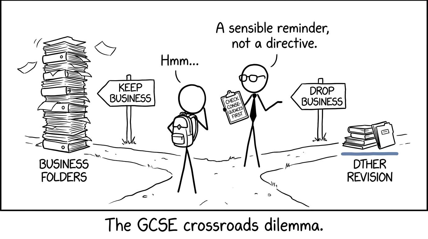 A student considers two GCSE paths while a teacher reminds them to check the consequences