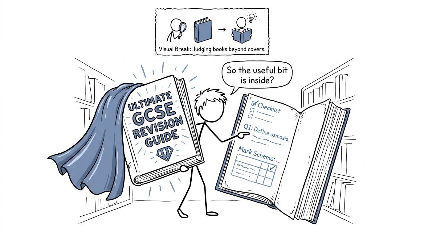 A student discovers that the useful part of a revision guide is inside the cover