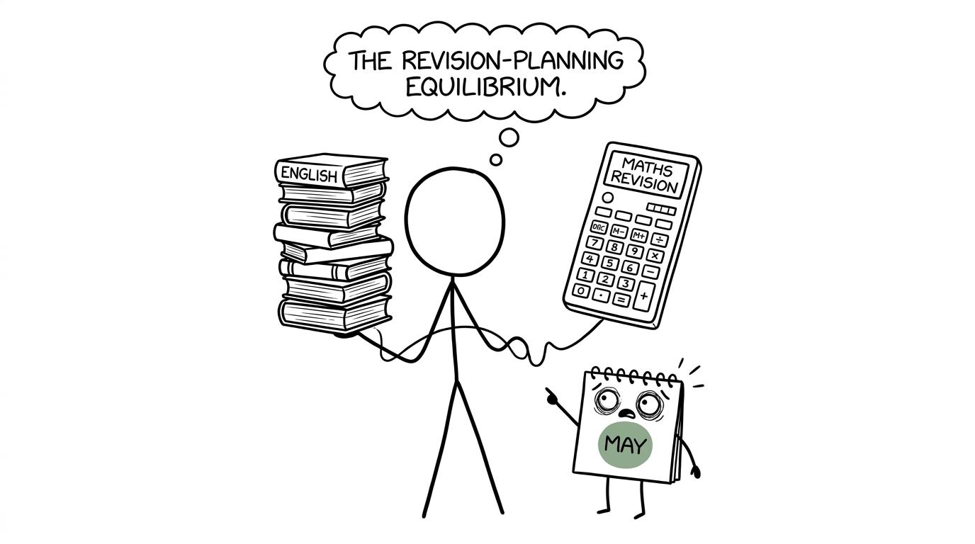 A student balancing English books with maths revision