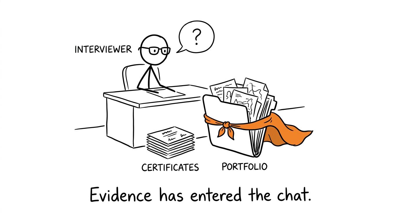 A superhero portfolio arriving beside a small certificate pile