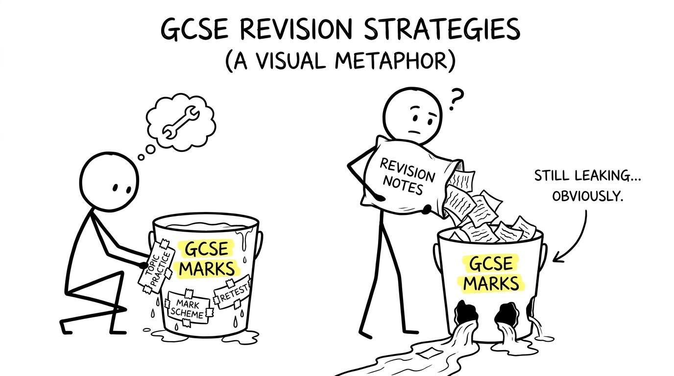 A student repairing lost GCSE marks with topic practice, mark schemes and retesting