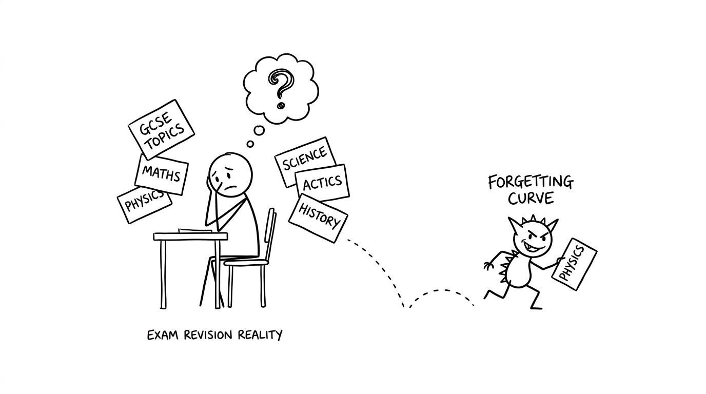 A forgetting curve gremlin stealing flashcards