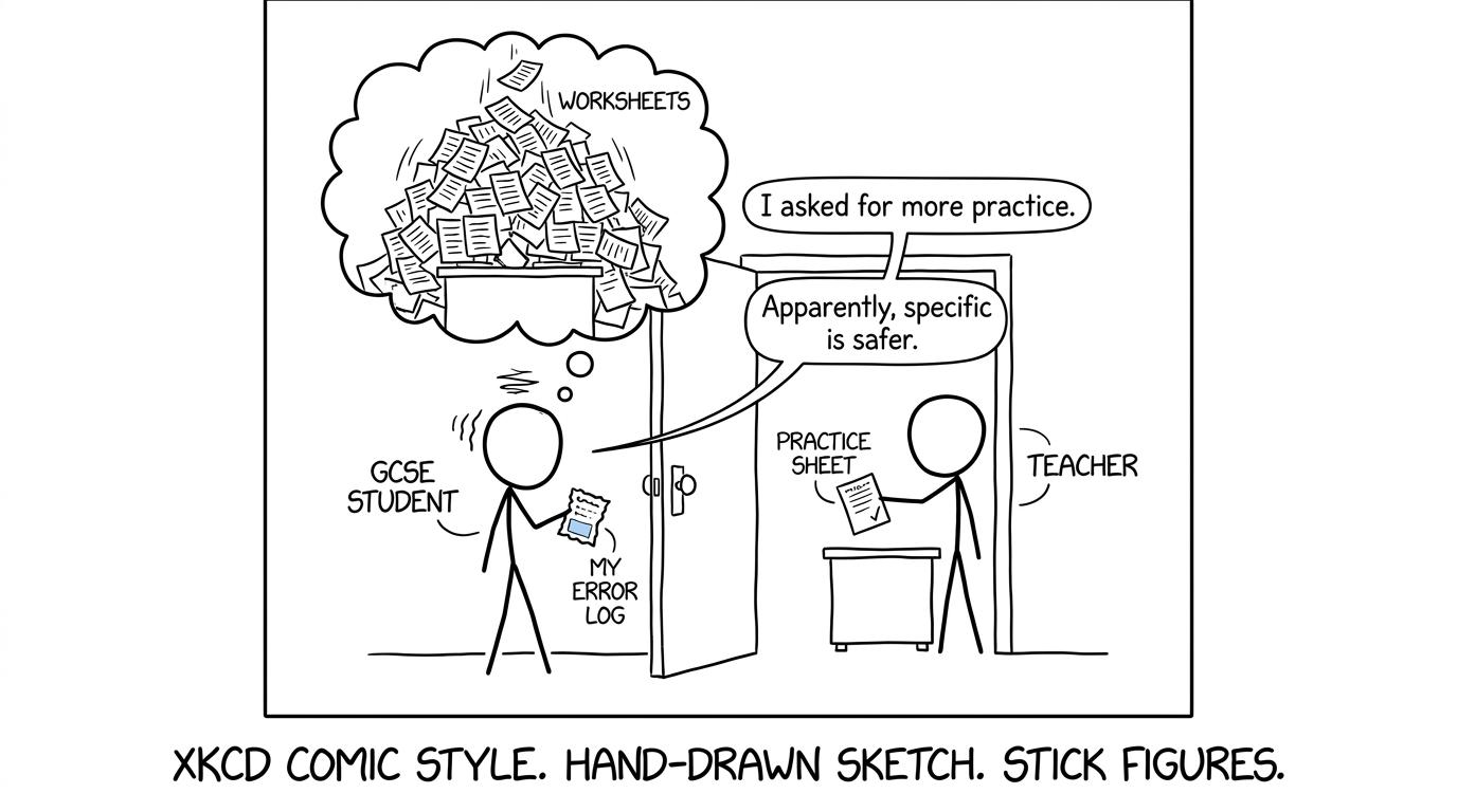 A student cautiously asks a teacher for one useful practice sheet while imagining an avalanche of worksheets