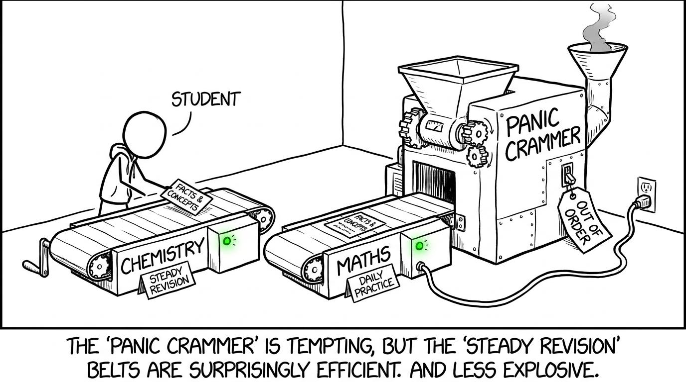 A student chooses steady Chemistry and maths sessions while the panic crammer remains unplugged