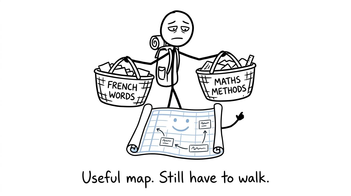 A spreadsheet acting as a map while a student carries French and maths revision baskets