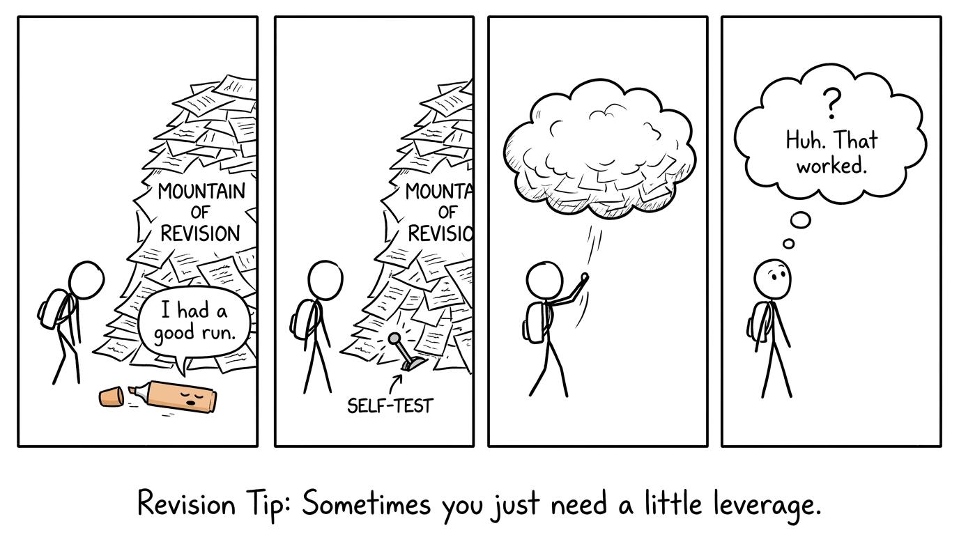 A student using self-testing to lift a mountain of notes while a retired highlighter watches