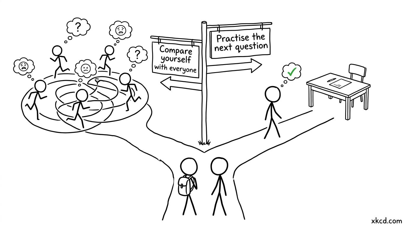 A revision path leads forward while the comparison path loops in circles
