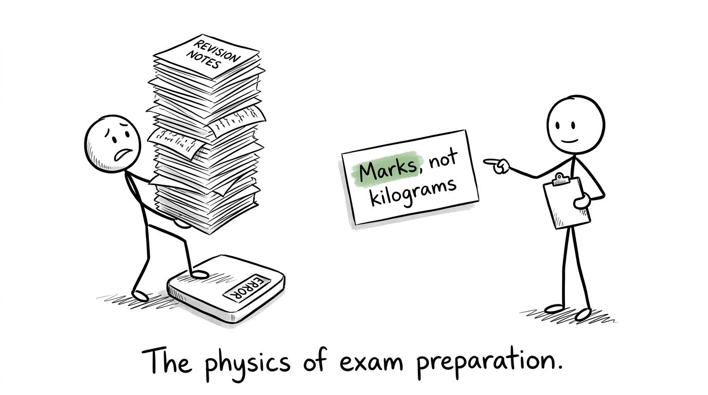 A student weighs revision notes while an examiner asks for marks instead