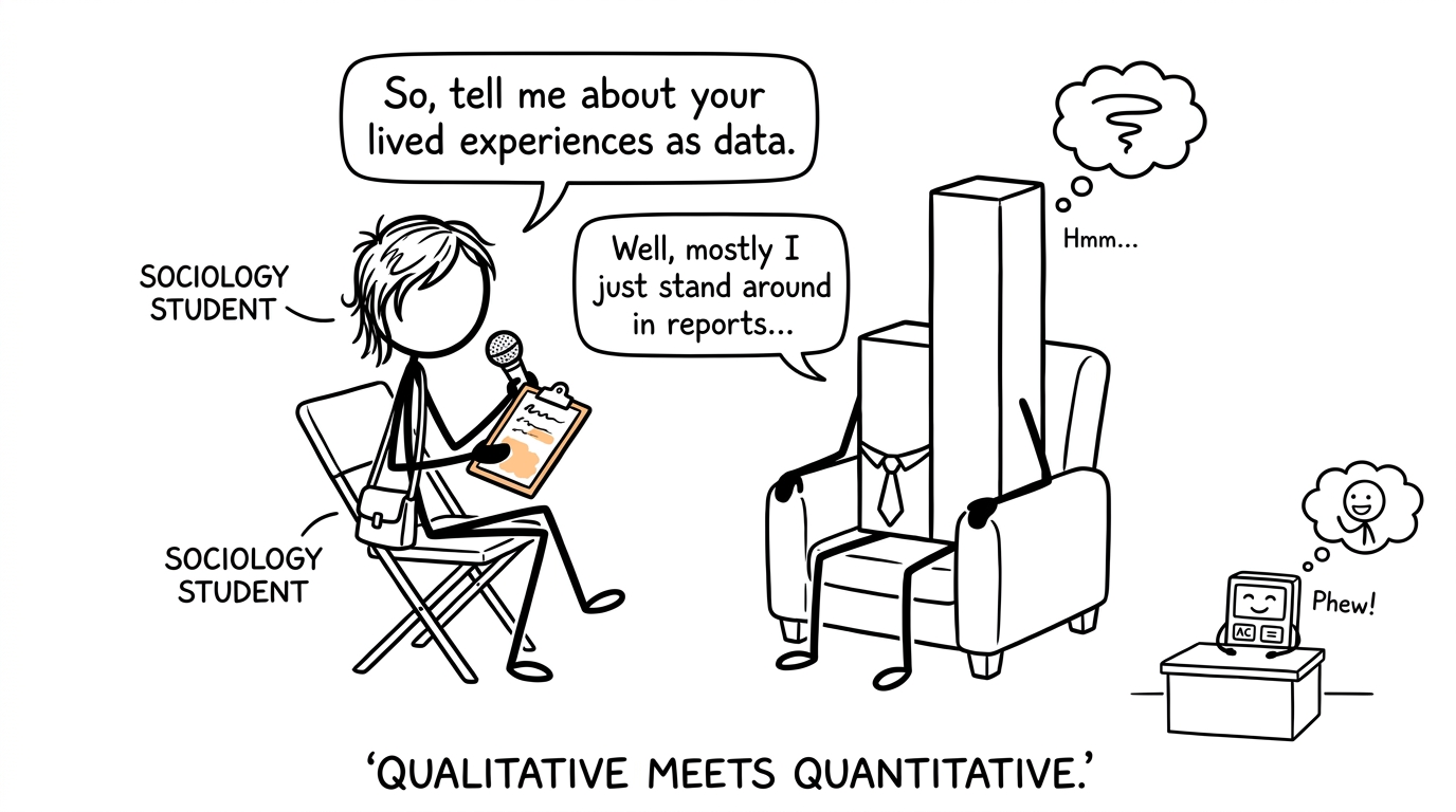 A sociology student interviews a bar chart while a calculator watches