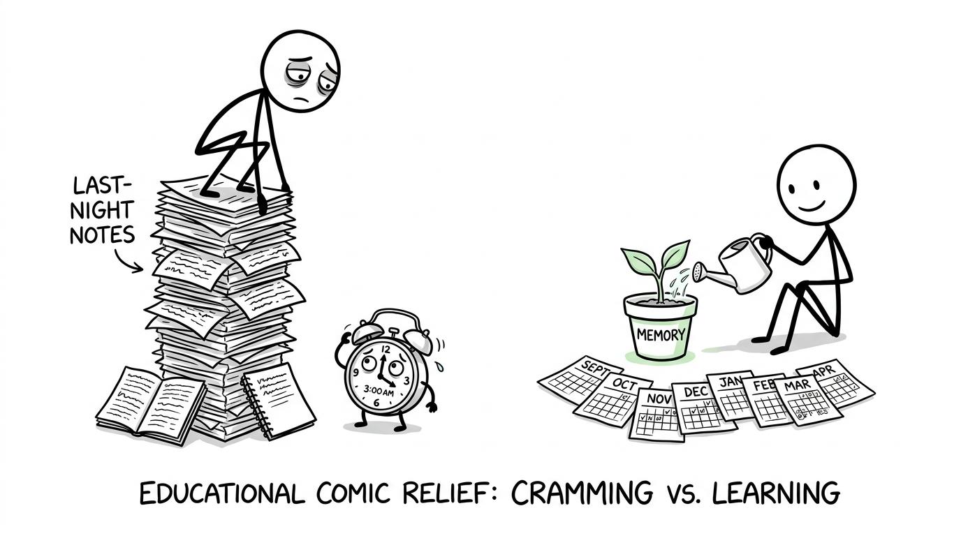 A student builds a tower of last-night notes while another grows memory gradually