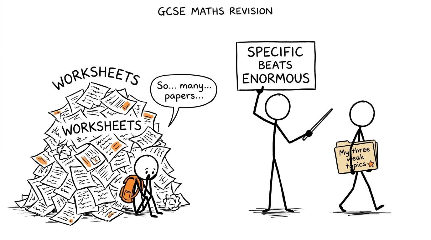 One student is buried under worksheets while another carries a targeted folder