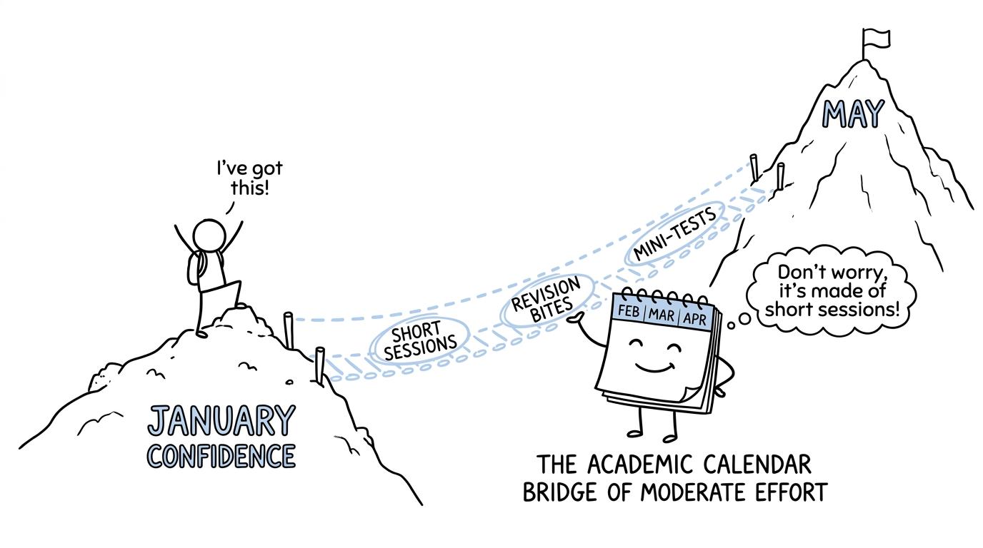 A student discovers that January confidence and the May exam are connected by a bridge of short revision sessions