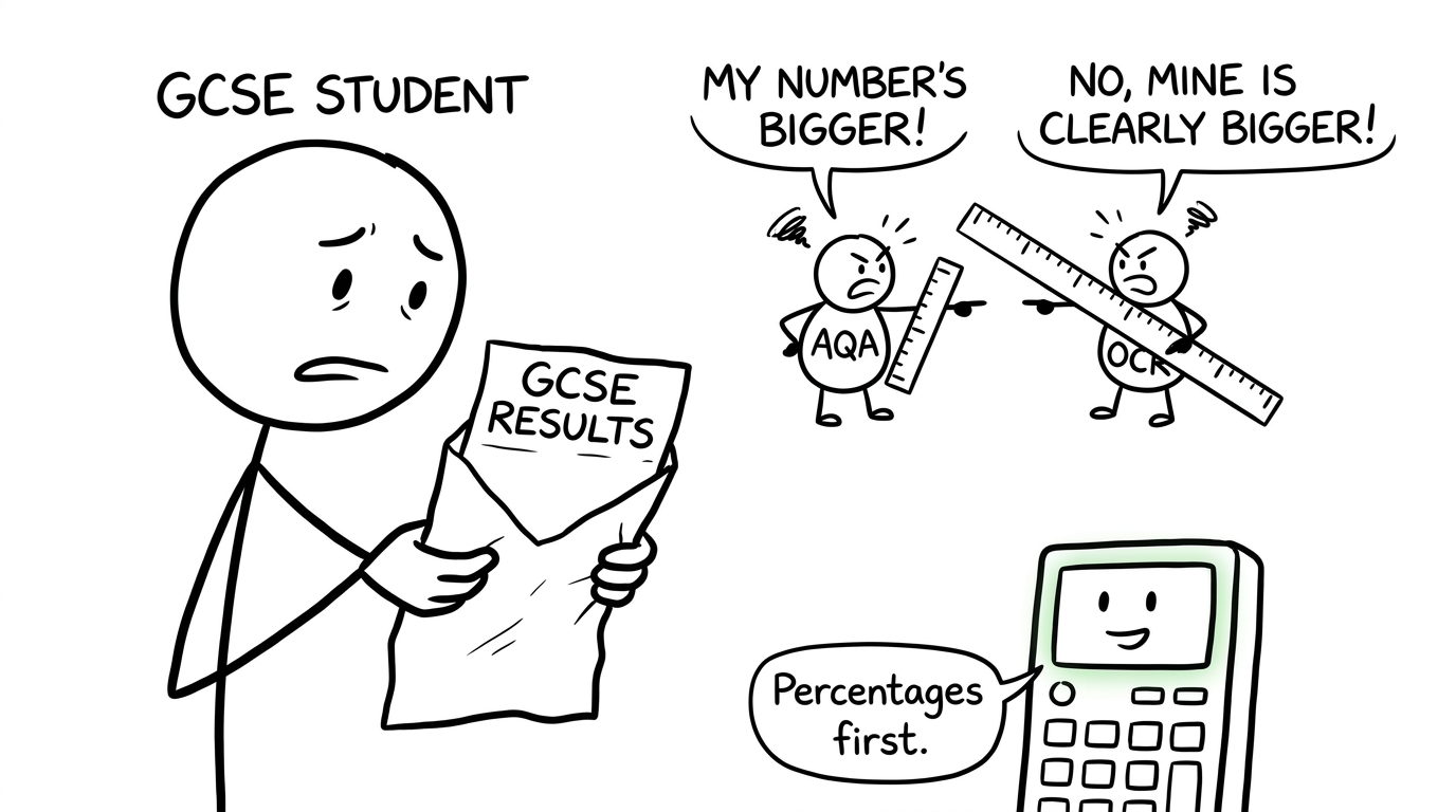 A student opens a results envelope while AQA and OCR mascots compare rulers and a calculator recommends percentages