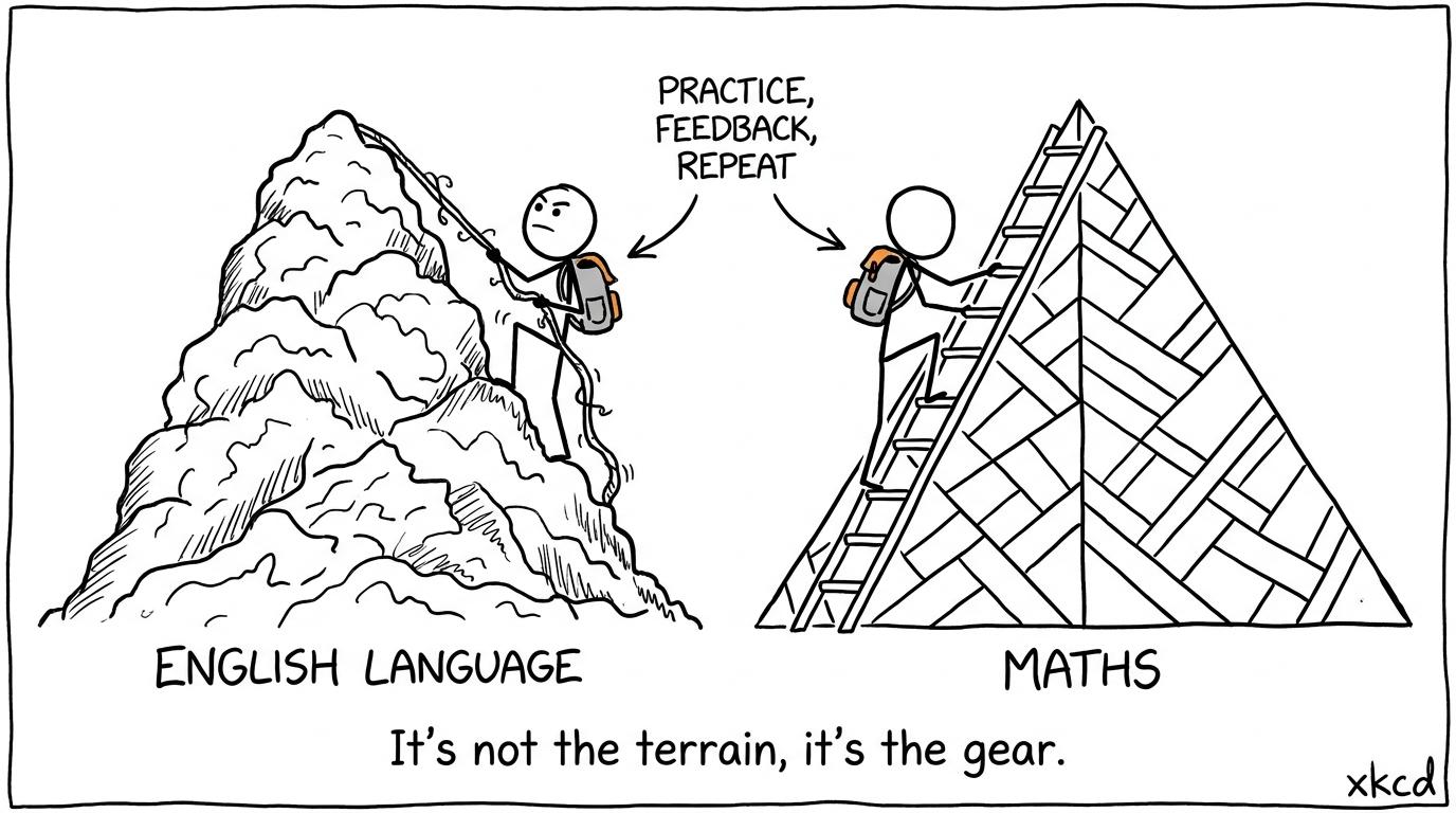 Students climbing different subject hills with the same revision backpack